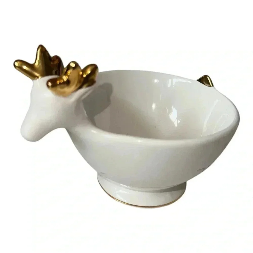 Mudpie White Ceramic Reindeer Bowl with Gold Antlers – Holiday Decor